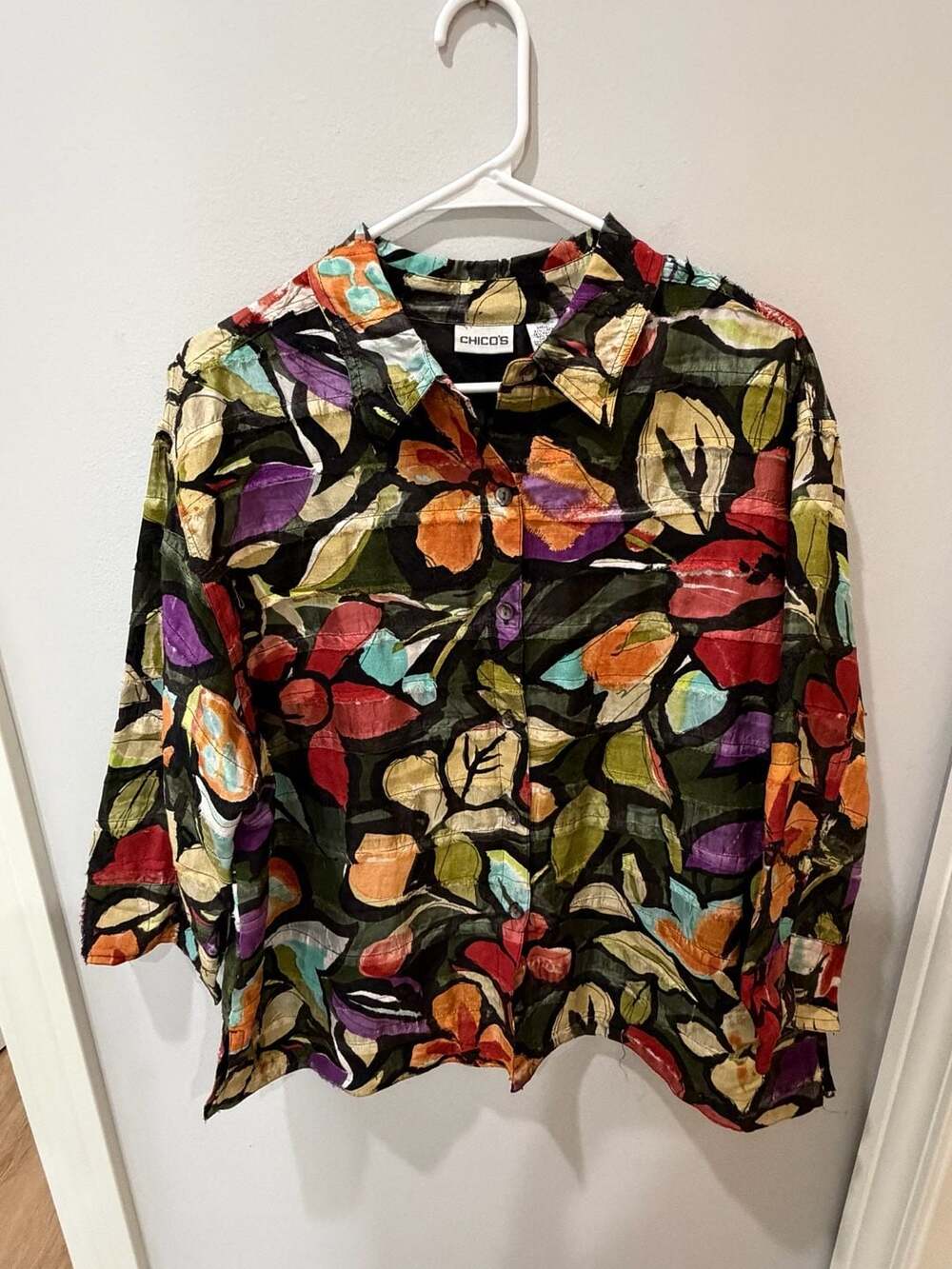 Women's Button-Down Shirt, Multicolor Floral Print, Linen Silk Blend, Size 3